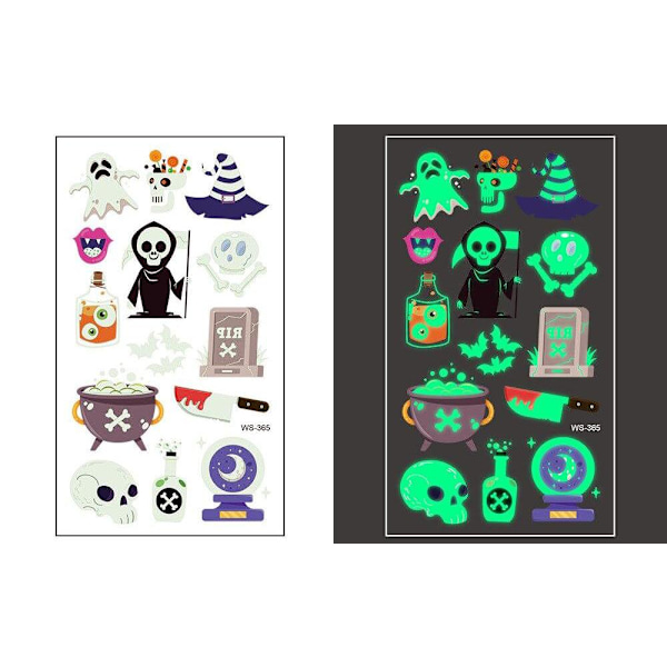 Selvlysende Halloween-tatoveringer 5 ark med 40 motiver