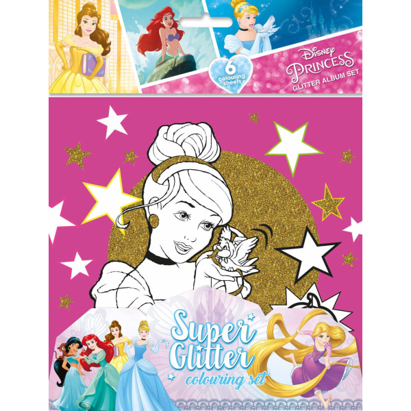 Disney princess 6 stk farvelægningssider med glitter pysselpakke