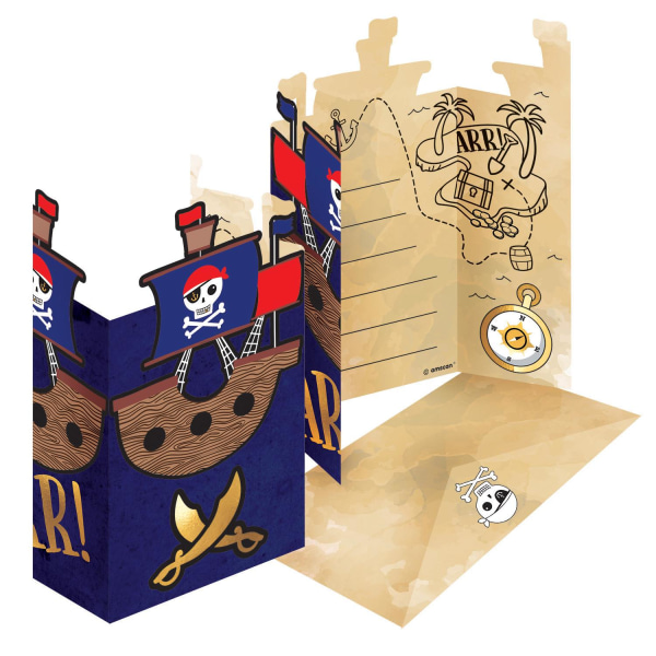 Piratinvitationer 8 stk med kuverter pirattema sørøver kort