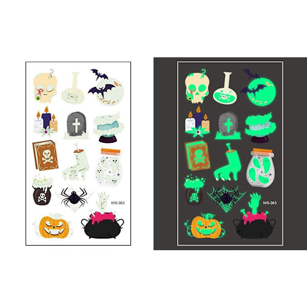 Selvlysende Halloween-tatoveringer 5 ark med 40 motiver