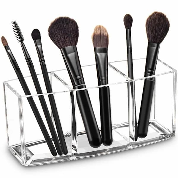 Makeupbørsteholder – Gennemsigtig makeupbørsteopbevaringsboks med 3 rum