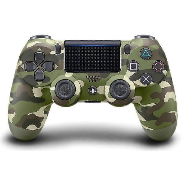 Et sæt med 4 trådløse controllere til PlayStation 4, i grøn camouflage, til PS4-konsollen.