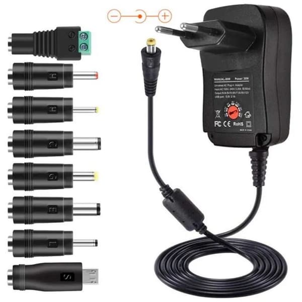 30 W universell strømadapter, multispenningsomformer 3 V / 4,5 V / 5 V / 6 V / 7,5 V / 9 V / 12 V - EU