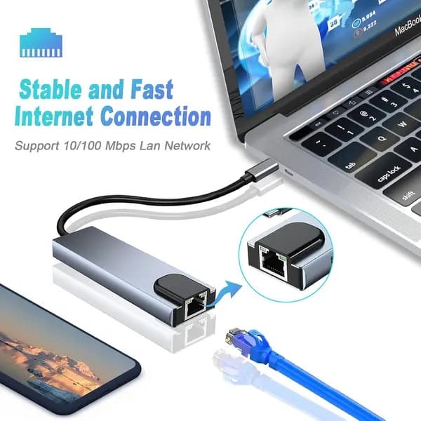 USB-C-moniporttikeskitinsovitin, 5-in-1 USB-C-telakointiasema 4K HDMI -portilla