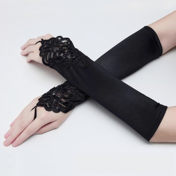 Sorte lange handsker, 1920'er tilbehør, fingerløse handsker i Jazz Age-stil.