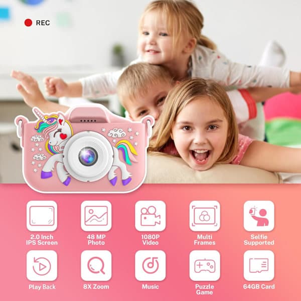 Digitalkamera för barn, med 2,4 tums IPS LCD-skärm, 180° roterbar lins för selfiekamera för barn 3-10 år