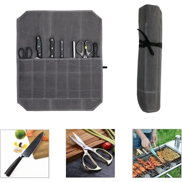 Knivväska - Vaxad Canvas Kockväska - 7 Knivfack - (Grå)