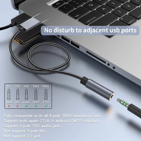 USB til 3,5 mm (hun) lydadapter, grå.