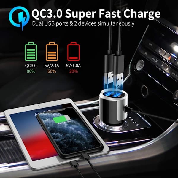 INF-autoradion FM-lähetin, tukee Bluetooth 5.0:aa ja QC3:a.