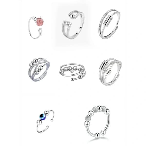 8 stk Fidget angstringer Justerbare ringer sett Justerbare ringer Fidget ringer Dameperlearmbånd, Stablebart sølv