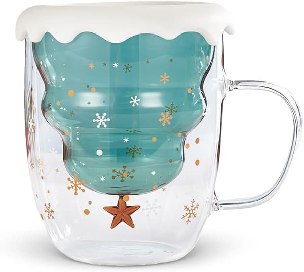 Julmugg, dubbelväggigt glas med lock, juldekorativ present
