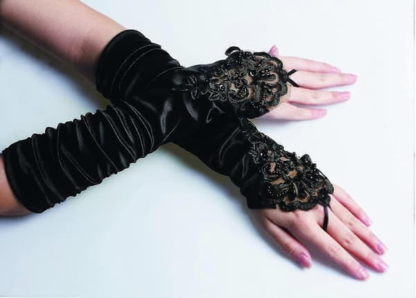Sorte lange handsker, 1920'er tilbehør, fingerløse handsker i Jazz Age-stil.