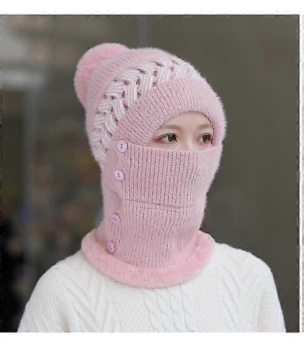 Dam Vinterstickad Mössa Peruansk Rundhalsduk Set Skidmössa med Öronlappar Dubbel Fleece Foder Pom-Pom