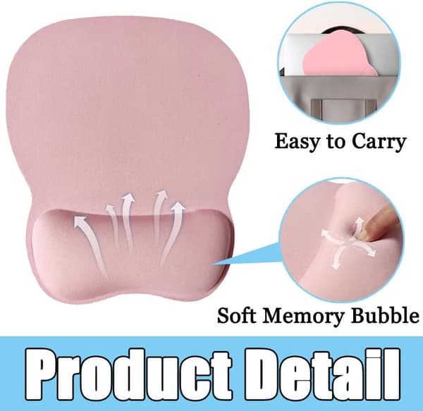 Musematte med håndleddsstøtte i minneskum, sklisikker gummibase, ergonomisk gelmusematte (rosa).