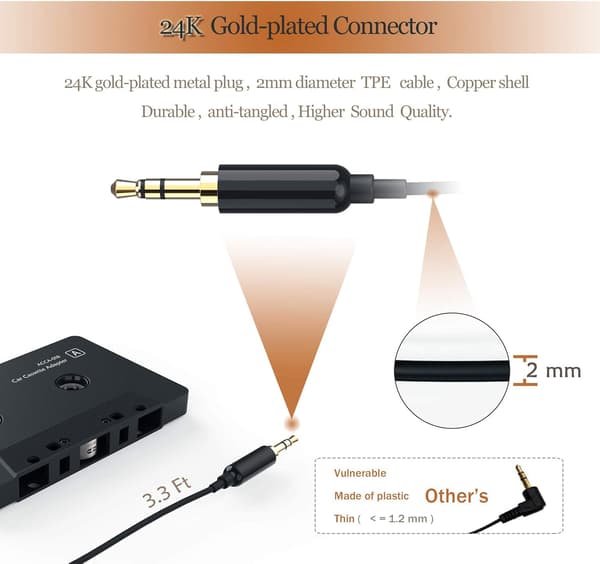 Bilkasetteadapter - 3,5 mm AUX-kasetteadapter med kabel, bilstereo-kasette til AUX-konverter (sort)