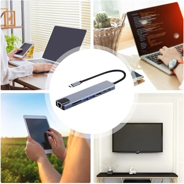 8-i-1 dockingstation, højhastighedsdataoverførsel, 4K videooutputadapter, bærbar USB-C-hub, multi-port USB-C-adapter, 5 Gbps dataoverførsel