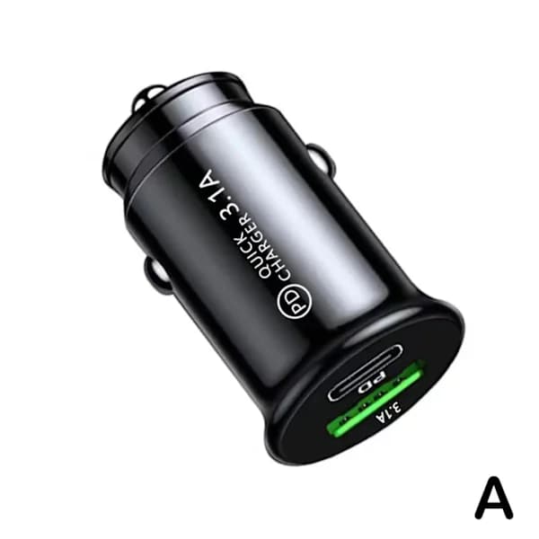 QC3.0 PD billaddare, stöder QC snabbladdning, dubbla USB-portar, 12-24V cigarettändaruttag, kompatibel med iPhone.
