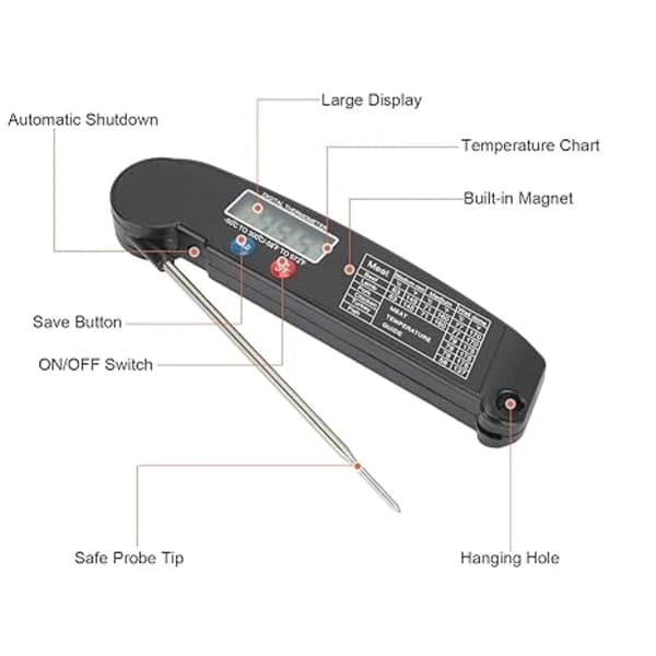 Digitalt foldbart kødtermometer med LCD-display, velegnet til grill og køkkenbrug.