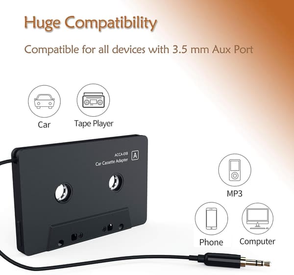 Bilkasetteadapter - 3,5 mm AUX-kasetteadapter med kabel, bilstereo-kasette til AUX-konverter (sort)