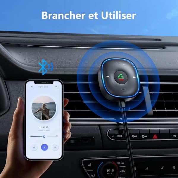 Bluetooth 5.3 biladapter, plug and play, indbygget støjreducerende mikrofon, Bluetooth-modtager med 3,5 mm jackstik og RCA-kabel.