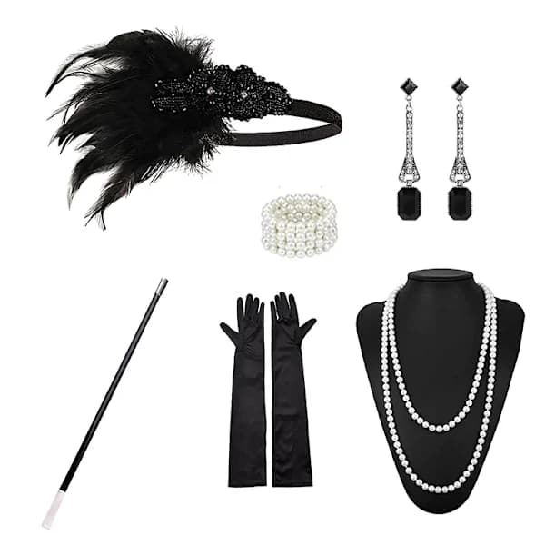 1920'er Flapper Kostume Pandebånd Halskæde Handske Armbånd Gatsby MF Onesize