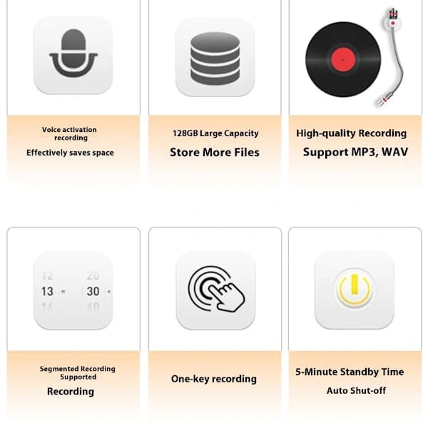 Automatisk segmenterad röstinspelare, 128 GB kapacitet, brusreduceringsfunktion, magnetisk design, 230 timmars inspelningstid.