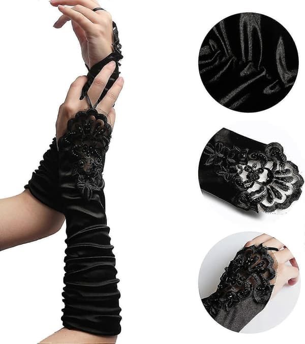 Sorte lange handsker, 1920'er tilbehør, fingerløse handsker i Jazz Age-stil.
