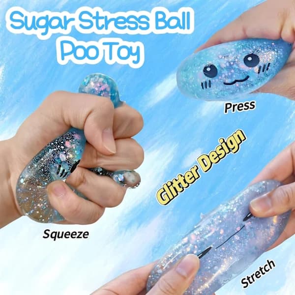 Nyhet Squishy Bajs Stressboll Squishies Leksaker, Glitter Sensoriska Bajs Stress Sockerbollar, Rolig Sträck och Kläm Fidget Blue