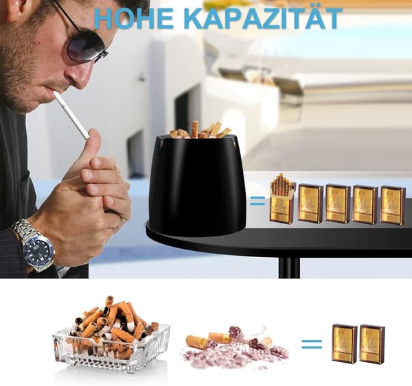 Askkopp med lock, stor utomhusaskkopp, vindtät askkopp i rostfritt stål, stormsäker askkopp med bas, svart.
