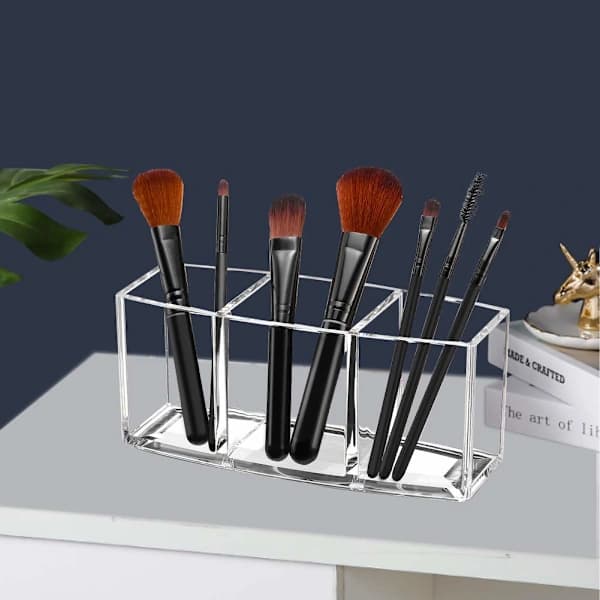 Makeupbørsteholder – Gennemsigtig makeupbørsteopbevaringsboks med 3 rum