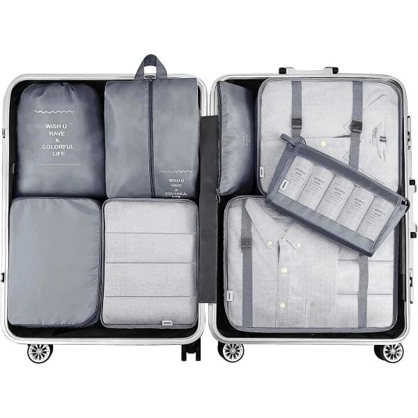 8-pack Organizer Set för Resväskor, Förvaringsväskor, Packkuber, Resväskor, Presenter Grå Grey