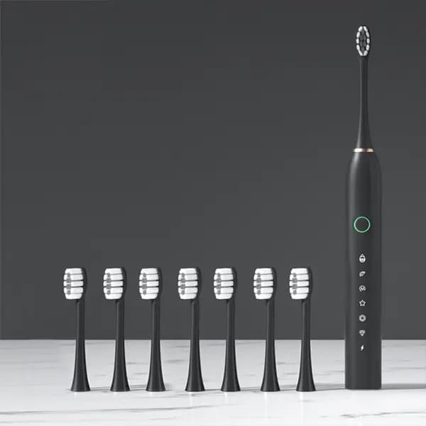 Elektrisk tandbørste, 26x26x7 cm, med 8 børstehoveder, smart 6-trins timer, IPX7 vandtæt, sort +