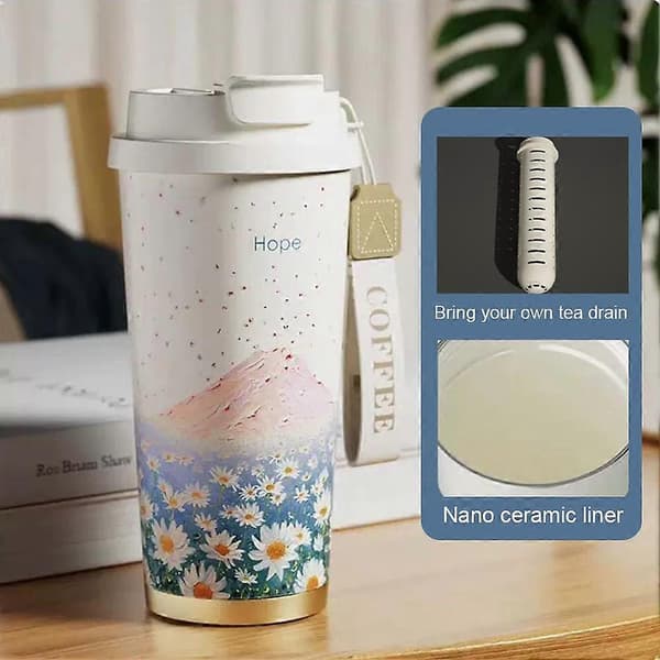 Blommig oljemålning vakuumisolerad mugg, resemugg med keramiskt foder, isolerar A