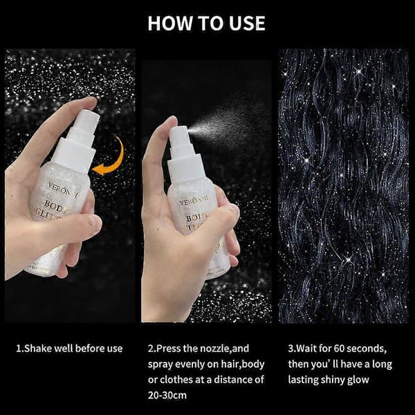 Glittersprej, en uppljusande och daggig kroppsspray, lämplig för kropp, ansikte, hår och kläder.