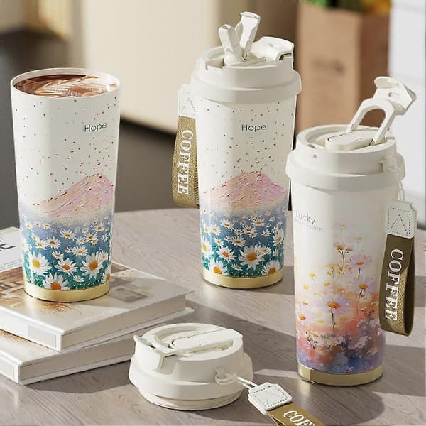 Blommig oljemålning vakuumisolerad mugg, resemugg med keramiskt foder, isolerar D