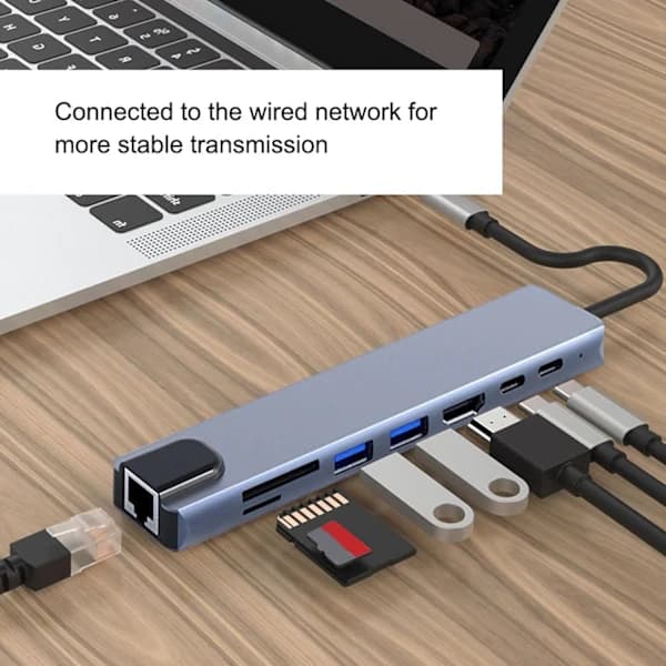 8-i-1 dockingstation, højhastighedsdataoverførsel, 4K videooutputadapter, bærbar USB-C-hub, multi-port USB-C-adapter, 5 Gbps dataoverførsel