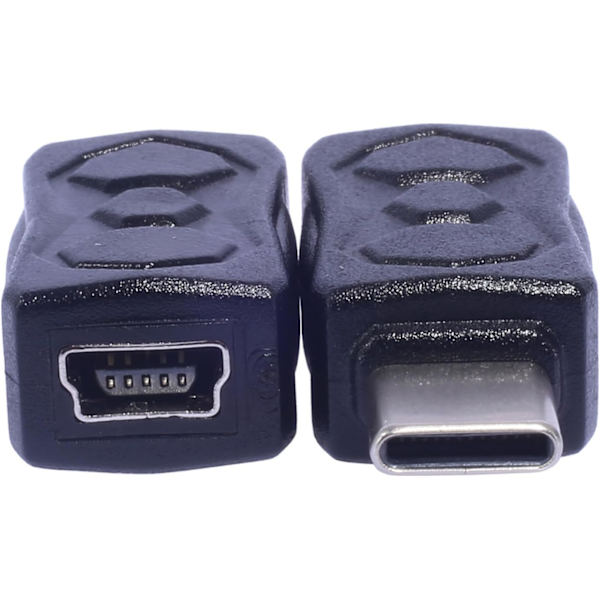 Mini USB hona till Type-C hane-adapter, svart, stöder 5V2A laddning och 480Mbps dataöverföring.