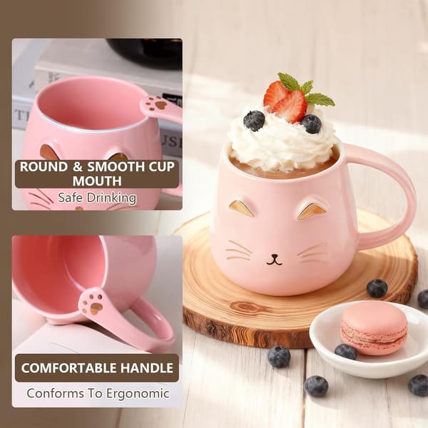 Bedårande katt-tema mugg och kaffekoppset, med lock och söt kattsked (rosa)