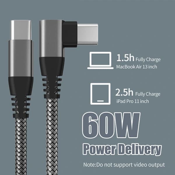 USB-C-laddare med rätvinklig kontakt, stöder 60W PD snabbladdning, svart, 2 meter kabellängd.