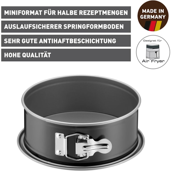 Mini springform, 20 cm rund flad bageform, non-stick, 1/2 opskriftsservering, lækagesikker.