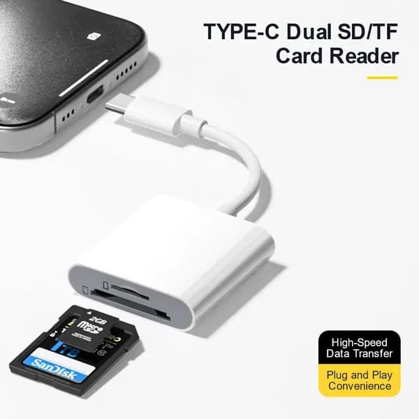 USB-C till SD/TF-dubbelkortsläsare med höghastighets 2.0-dataöverföring; kompatibel med Windows, Mac, Linux, Android och HarmonyOS.