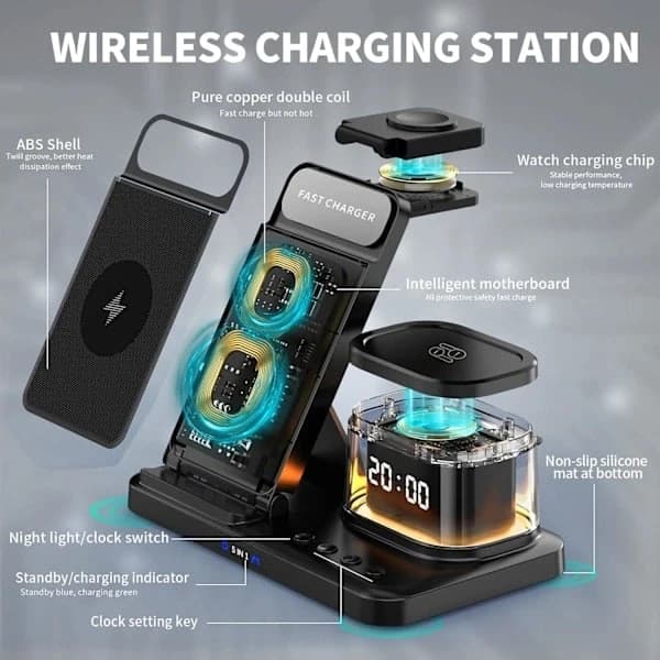 5-in-1 langaton latausasema LED-valolla, iPhonen matkalatausteline, musta