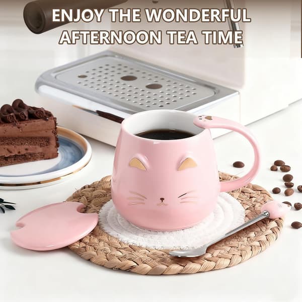 Bedårande katt-tema mugg och kaffekoppset, med lock och söt kattsked (rosa)