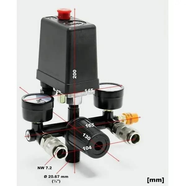 Kompressortryckregulator med tryckvakt; tryckvakt med dubbla displayer.