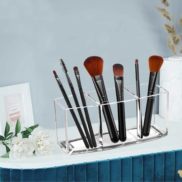 Makeupbørsteholder – Gennemsigtig makeupbørsteopbevaringsboks med 3 rum