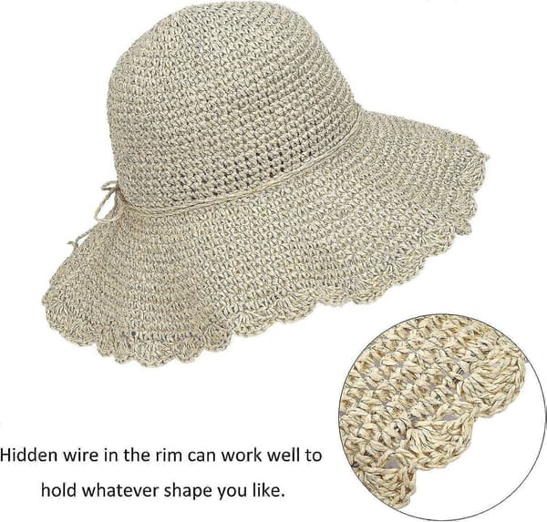 Stråhat til kvinder, foldbar boheme-stil bredskygget solhat, UV-beskyttende blød hat, raffia solhat.