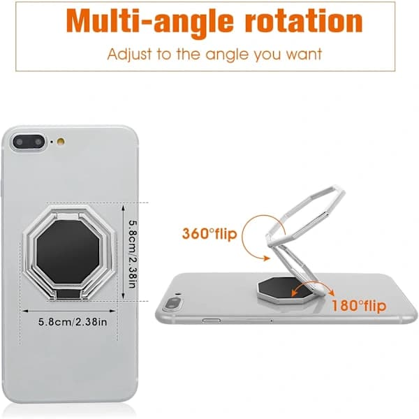 Telefonringhållare, 360° roterande metalltelefonfäste, vikbart och justerbart telefonstativ (silver)