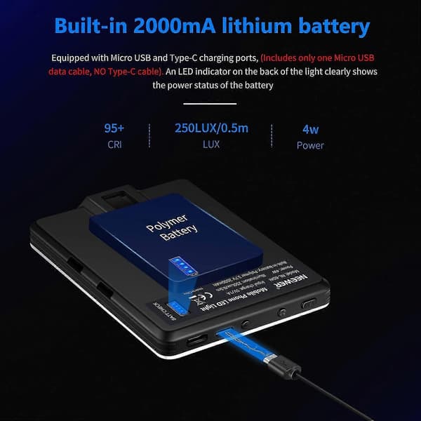 NEEWER Selfielys med telefonklips foran og bak, høy effekt 60 LED 2000mAh oppladbar CRI 95+, 3 lysmoduser
