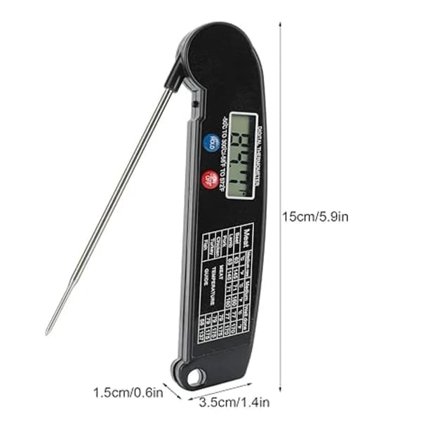 Digital vikbar kötttermometer med LCD-display, lämplig för grillning och köksanvändning.