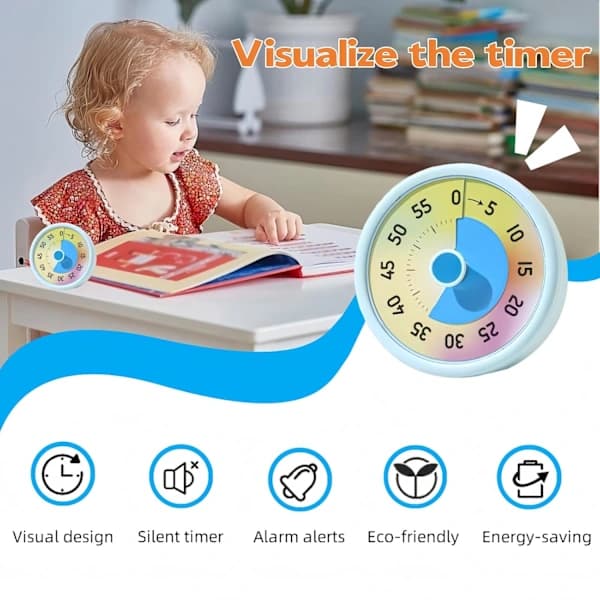 Visuell timer för barn, 60-minuters nedräkningstimer för klassrum, kontor, kök, Pomodoro-timer, kökstimers för matlagning, tidshantering